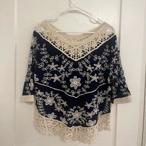Solitaire Boho Off The Shoulder Poncho Navy Top Cream Crochet Floral Embroidery
